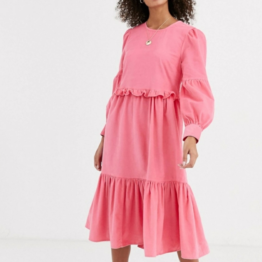 ASOS Pink Midi Dress with Ruffle Details
